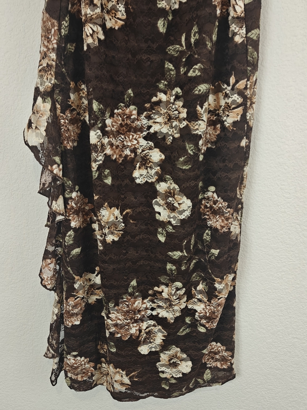 J for Justify Floral Lace Strapless Midi Dress Brown Romantic Ruffle Side Slit M - Picture 11 of 16